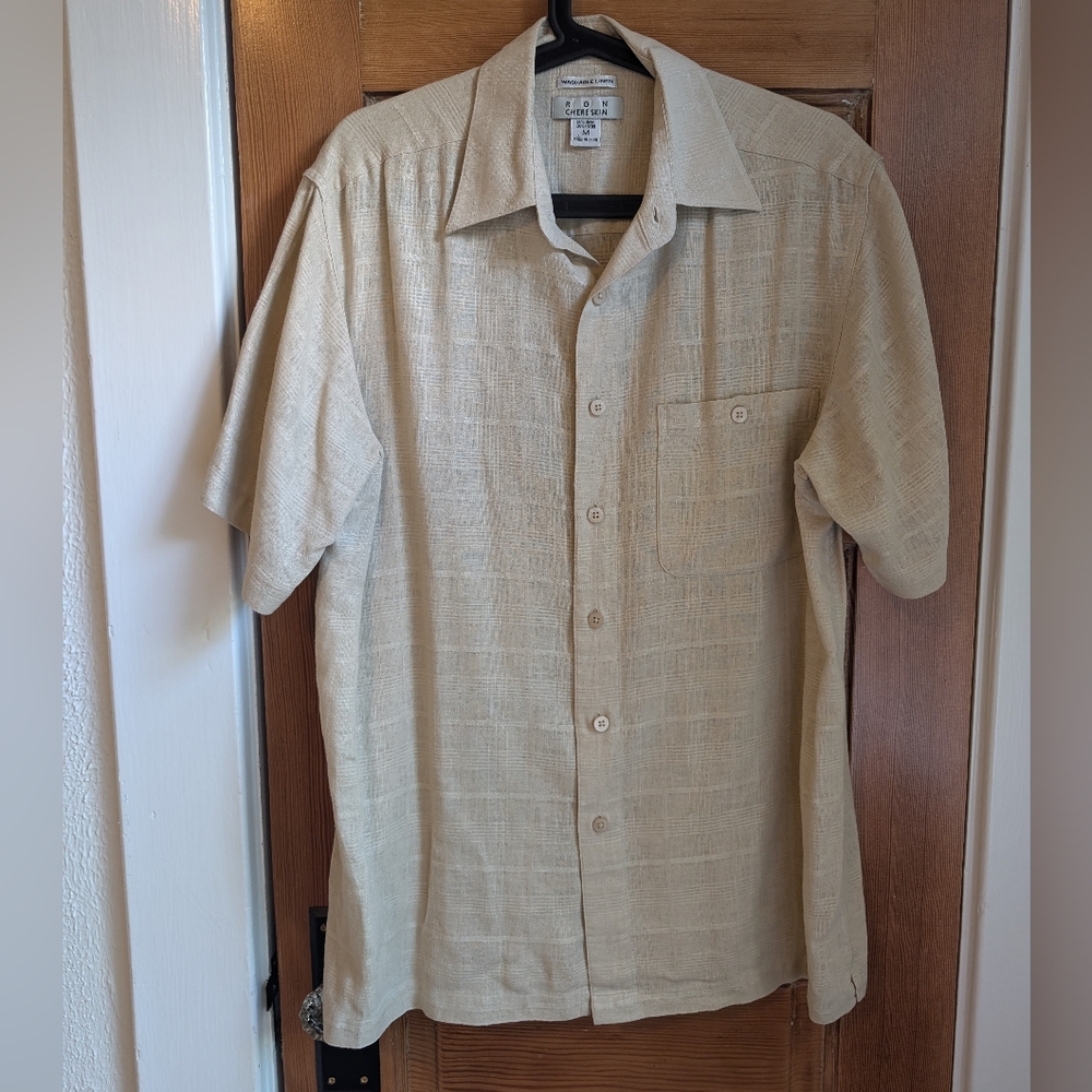 Linen blend woven cream button up shirt Men's Medium Ron Chereskin
